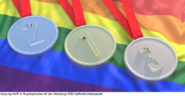 Medals gold, silver and bronze on LGBT flag. 3d illustration